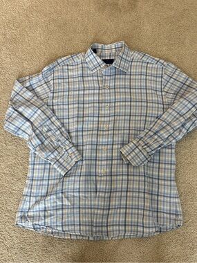 David Donahue Men's Light Blue Plaid Button-Up Shirt Linen Cotton Large